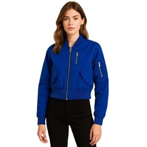 Bally Blue Cropped Bomber Jacket Womens‎ S Italy Zip Up Designer Nylon Outerwear